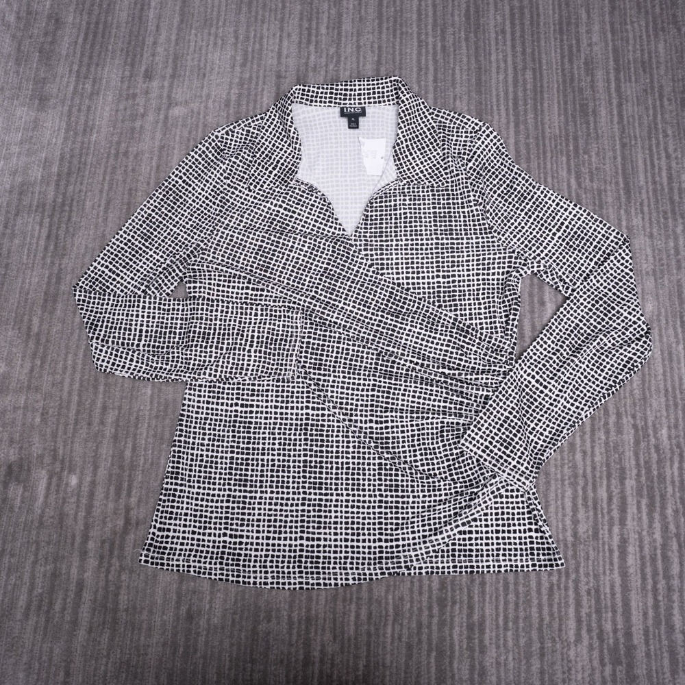 INC International Concepts Wrap Top Womens XL Black White New Grid Long Sleeve